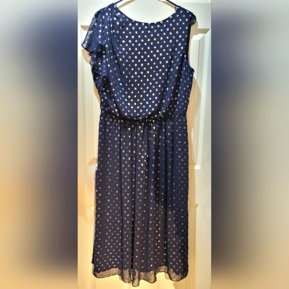 Chaps Navy Blue Silver Evening Dress NWT  Size 14 Womens Long One Sleeve Zips